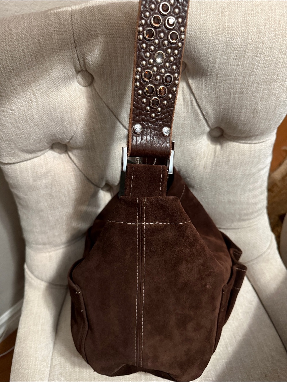 Tylie Malibu Dark Brown Suede Shoulder Bag with Leather Studded Strap - Picture 5 of 14